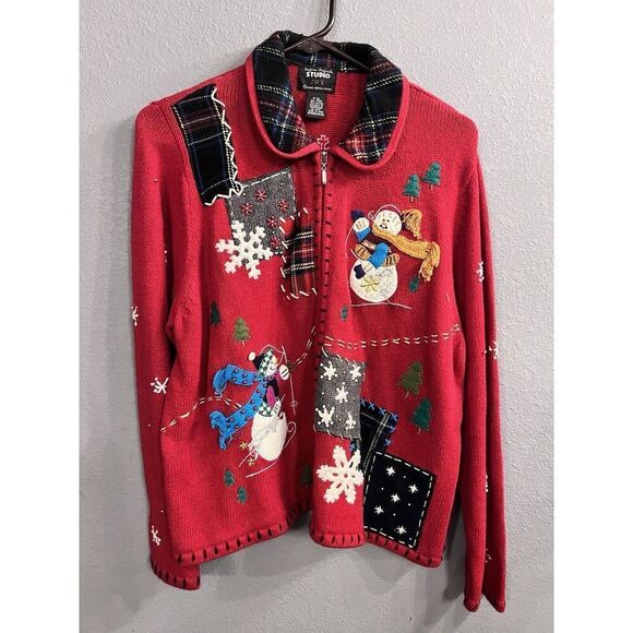 Vintage Womens UGLY CHRISTMAS SWEATER  XL petite Studio Joy full‎ zip EUC - Picture 1 of 8
